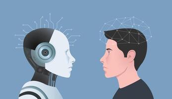 Machine vs human. AI robot and man facing each other. Difference between a robot and a man, Concept of artificial intelligence, Future cybernetic technology concept vector