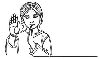 continuous one single black line art doodle drawing of kid sitting and apologize hand gesture vector