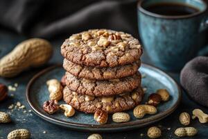 Stack of peanut butter cookies with white chocolate chips. photo