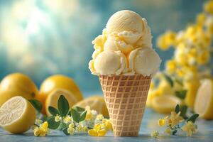 Lemon ice cream scoops in waffle cone with lemons and flowers on blue table photo