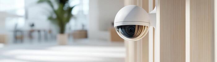 A stylish AI-powered camera is positioned in an office lobby, capturing a soft-focused view of employees and modern interiors, highlighting aspects of access control and workspace safety photo