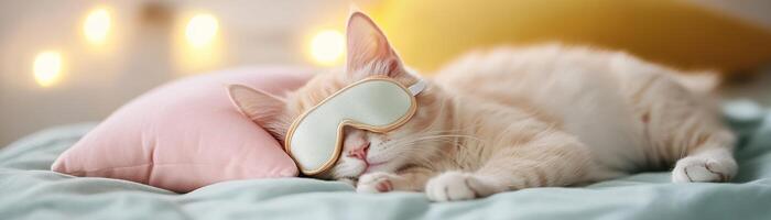 A cozy pet is peacefully asleep with a tiny sleep mask over its eyes, resting next to a miniature pillow. The warm light creates a serene and adorable atmosphere photo