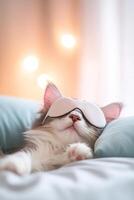 A playful pet lies peacefully on a soft pillow, wearing a tiny sleep mask, bathed in warm, gentle light that adds a serene atmosphere to the cozy moment photo