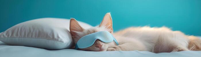 A playful pet is peacefully sleeping while wearing a tiny sleep mask next to a small pillow. The softly lit atmosphere enhances the cuteness and tranquility of the moment photo