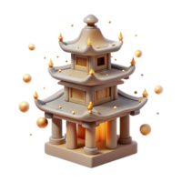 3D Render of Asian Pagoda with Golden Accents and Floating Spheres png