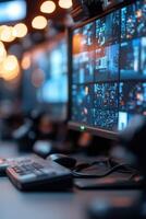 Softly focused view of a multi-screen monitoring station capturing various camera feeds, creating a high-tech atmosphere. The faint glowing displays enhance security and vigilance in a control room photo
