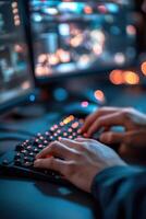 A security expert focuses intently on multiple glowing monitors, typing swiftly as data streams across the screens. The dim light enhances the sense of vigilance and concentration photo