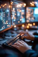 A professional monitors multiple security feeds in a dimly lit control room. Focused on the glowing screens, their hands type swiftly on the keyboard, maintaining ongoing vigilance photo