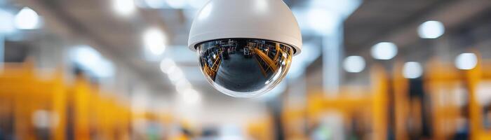 A surveillance camera captures activity on a busy warehouse floor, featuring blurred forklifts and workers wearing high-visibility vests, ensuring a secure and efficient environment photo