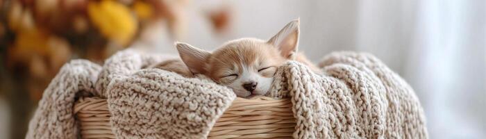 A tiny pet snuggles comfortably in a wicker basket filled with soft blankets, surrounded by blurred colorful flowers, creating a serene rustic atmosphere photo
