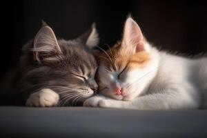 A puppy and kitten rest peacefully, touching noses in a cozy embrace. The warm ambient light enhances their bond, creating a serene and loving atmosphere perfect for relaxation photo