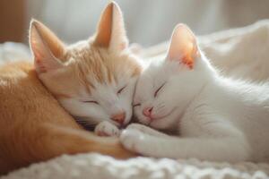 Two adorable pets, a puppy and a kitten, peacefully rest together on a soft blanket, touching noses in a warm and affectionate embrace, creating a heartwarming atmosphere photo