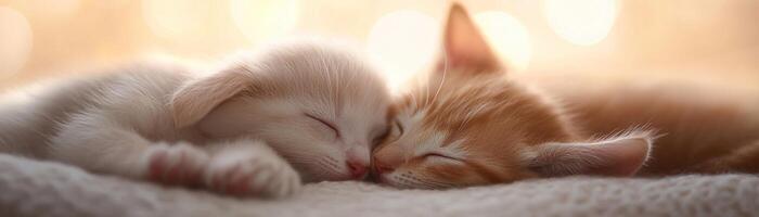 A sweet puppy and kitten rest together, gently touching noses in soft, warm light. Their cozy embrace creates a serene atmosphere filled with affection and warmth photo
