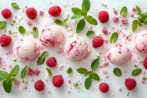 Raspberry Ice Cream Scoops with Fresh Mint and Freeze Dried Raspberry Crumbles on White Background photo