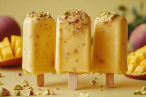 Three Mango Ice Cream Popsicles with Pistachios on Yellow Background photo
