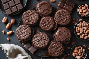 Chocolate cookies with cocoa beans and chocolate bars are lying on a dark background photo
