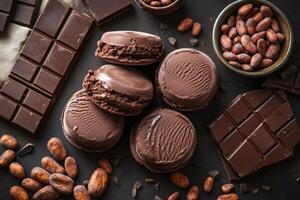 Chocolate ice cream cookies surrounded by cocoa beans and chocolate bars on dark background photo