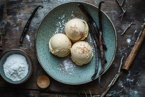 Vanilla ice cream scoops with vanilla pods and powdered sugar on rustic wooden table photo