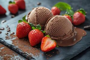 Chocolate ice cream scoops melting on slate plate with fresh strawberries photo