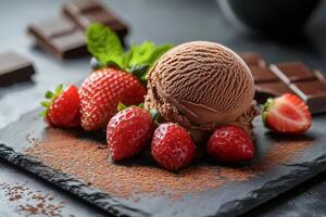 Chocolate ice cream scoop with strawberries and mint on slate plate photo