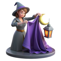 3D Render of a Witch with a Crescent Moon and Lantern png
