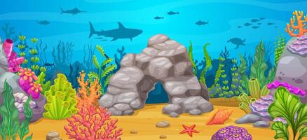 Underwater scene with coral reef, fish and sharks vector
