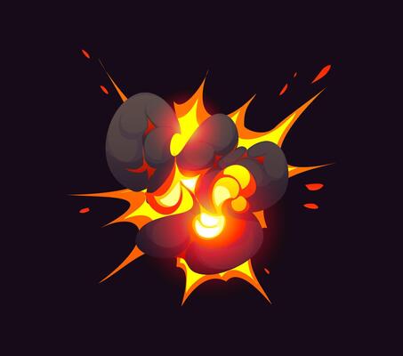 Bomb explosion effect, blast boom cloud with fire