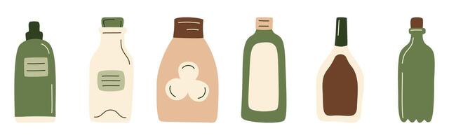 Abstract bottles products set. Drinks, juice in package, oil, milk, sauce from supermarket or farmer market in zero-waste packaging for eco-friendly design. illustration in organic flat style. vector