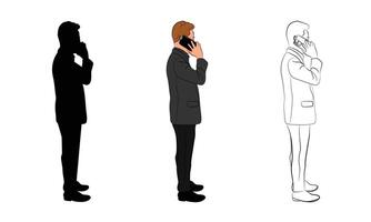 Image of a businessman using a smartphone. He stands in a relaxed pose, using his phone to communicate, check personal messages or surf the internet vector