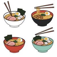 Flat Style Ramen Bowl Collection with Authentic Toppings and Chopsticks Holding Noodles vector