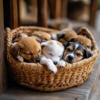 Sleepy Puppies in a Cozy Basket photo