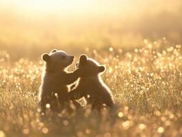 Playful Bear Cubs Tumbling in Meadow photo