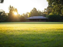 Verdant Cricket Field with Sunlit Pavilion photo