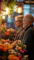 Couple Browsing Flower Market Offerings photo