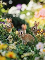 Playful Baby Rabbits in a Flower Garden photo