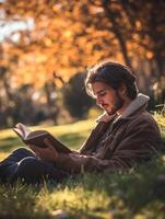 Park Reading with a Cozy Jacket photo
