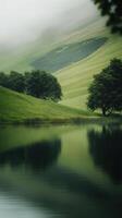 Serene Green Slope with Tranquil Lake View photo