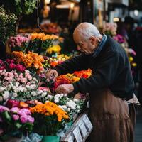 Elderly Vendor Arranging Floral Displays photo