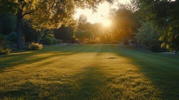 Green Lawn Bathed in Golden Sunset Light photo