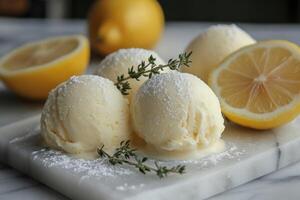 Lemon ice cream scoops melting on marble tray with thyme and powdered sugar photo