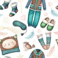 Sleepwear with socks and pillow seamless pattern in cartoon style. Hand drawn watercolor illustration on the white background. Perfect for pajama party template and childish paper or fabric design. vector