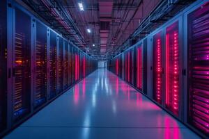 Server racks glowing with red and blue lights in modern data center photo
