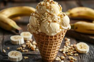 Banana ice cream melting in waffle cone on wooden table with sliced bananas and walnuts photo