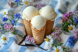 Vanilla ice cream scoops resting in waffle cones on checkered cloth with flowers photo
