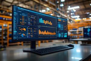 Computer showing graphs and statistics about warehouse logistics and production management photo