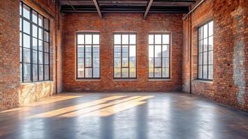 Sunlight illuminating empty industrial loft with large windows and red brick walls photo