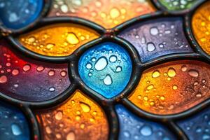 Colorful stained glass window with water drops creating a beautiful abstract pattern photo