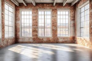 Sunlight illuminating empty industrial loft with large windows and brick walls photo