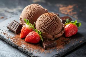 Chocolate ice cream scoops with strawberries and pieces of chocolate lying on slate plate, sprinkled with cocoa powder photo