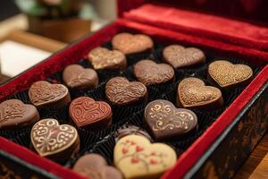 Heart shaped Chocolates Decorated with Swirls and Patterns Resting in Red Velvet Box photo